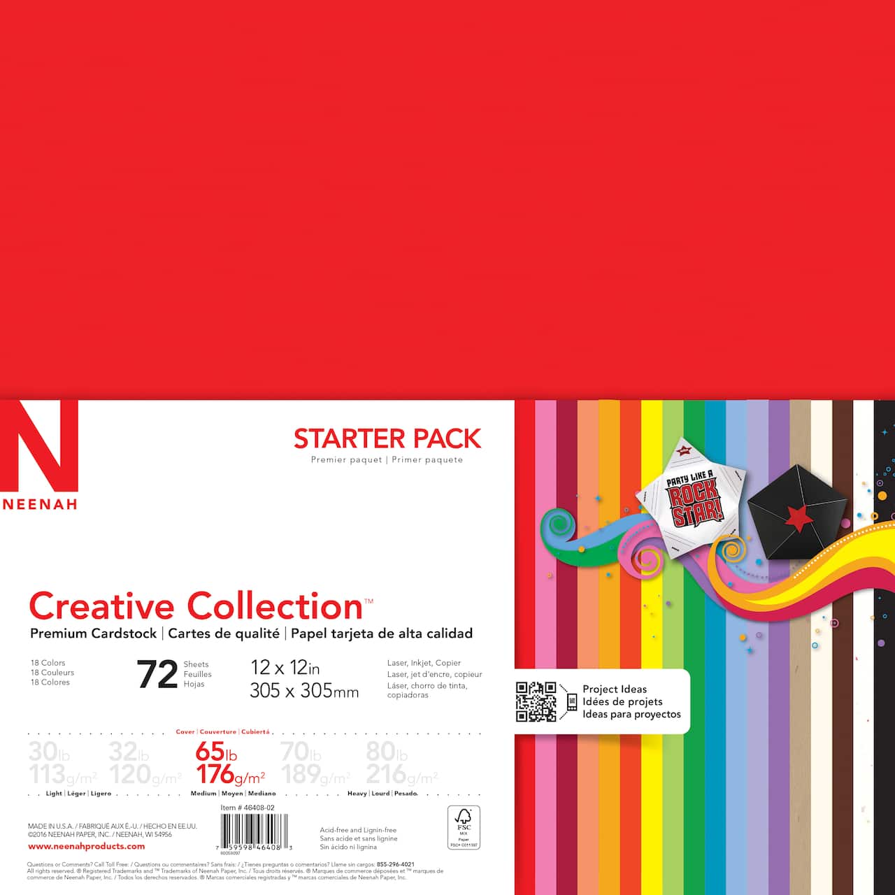 Neenah Creative Collection Cardstock Pack 12X12 72/Pkg-18 Bold & Vivid  Colors